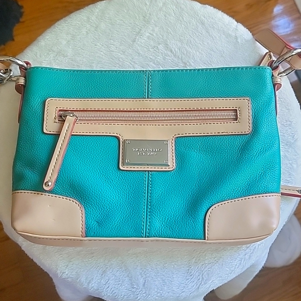 Womens Teal Tan Pebbled Leather Detachable Strap Crossbody Bag